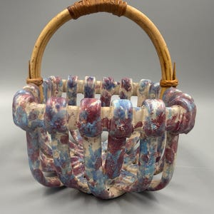 Baskets by Lydia Woven Ceramic Basket Signed Studio Pottery Bamboo Handle Pastel Art Pottery