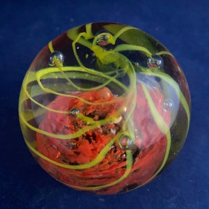 Paperweight/ Vintage Glass Paperweight / Handblown Art Glass / Paperweight Yellow Orange Swirls with Bubbles / Paperweight Ground bottom