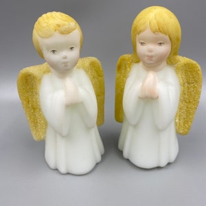 Fenton / Vintage Fenton / Fenton Art Glass Hand Painted Praying Girl and Boy Angels / Fenton Angels with Gold Wings / Artist Signed Fenton