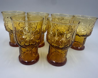 Juego de 6 vasos de zumo Libbey Country Garden color ámbar estilo vintage con base de margarita, estilo retro de los años 70.