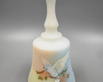 Fenton Satin Glass Musical Bell Hand Painted Dove Signed C Shaffer 7 Inch Handmade USA Inspirational Music Box