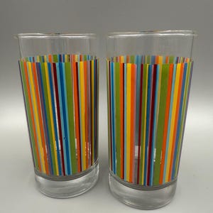 Drinking Glasses / Retro Rainbow Vertical Stripes Drinking Glass Set of 2 Tumblers / Mid Century Rainbow Vertical Stripe Glass Tumbler Set