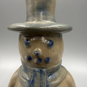 May include: A ceramic snowman figurine with a top hat and scarf. The snowman has blue accents on the eyes, nose, and scarf. The hat and scarf are a lighter shade of blue. The figurine is tan and has a glossy finish.