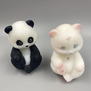 Fenton / Vintage Fenton / Fenton Hand Painted Artist Signed Bear / Fenton White Satin Glass Hand Painted Bear / Fenton Panda Bear