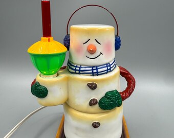 Lámpara de noche navideña vintage de cerámica con forma de muñeco de nieve, funcional, decoración navideña, GPC MCF, coleccionable.