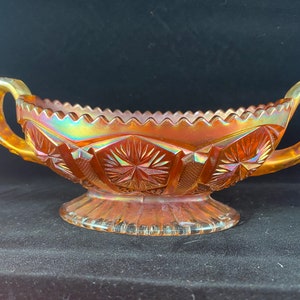 Carnival Glass / Imperial / Vintage Star and File Pattern Carnival Glass 2 handled pedestal dish / Marigold Star and File Pattern Carnival