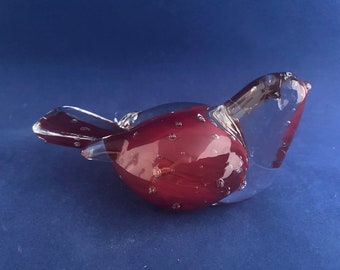 Vintage Murano Style Art Glass Bird Paperweight Red Controlled Bubble Mid Century Sculpture