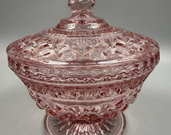Compota de cristal rosa con tapa, modelo Wexford de Anchor Hocking, estilo vintage.