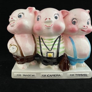 Vintage Japan Triple Piggy Bank Anthropomorphic Ceramic Pig Bank 1950s Kitschy Pig Figurine Bank