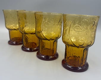 Juego de 4 vasos de agua Libbey Country Garden color ámbar estilo vintage con base de margarita, estilo retro de los años 70.