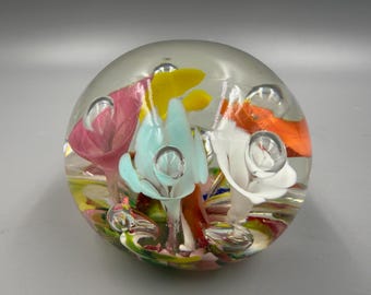 Vintage Murano Style Art Glass Paperweight Controlled Bubble Flower Signed 1973 Glenn Floyd Colorful Desk Decor