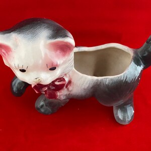Vintage Kitten Planter Ceramic Cat Planter 1940s Cat with Red Bow Kitsch Pottery Succulent Planter Gray White Cat