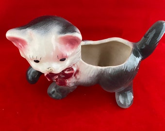Vintage Kitten Planter Ceramic Cat Planter 1940s Cat with Red Bow Kitsch Pottery Succulent Planter Gray White Cat