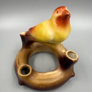 Czech / Vintage Czech / Red Dime Mark Czech Parrot / Czech Bird Spill Vase / Marked Czech Parrot Quadruple Bud Vase / Pottery Parrot Vase