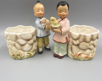 Vintage Relpo Japan Children Planter Pair Asian Boy Girl Ceramic Planters Mid Century Relpo Chicago Figurines