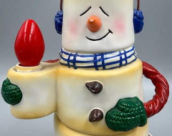 Lámpara de noche navideña de cerámica vintage con forma de muñeco de nieve y malvaviscos, soporte para luz de burbujas (funciona)