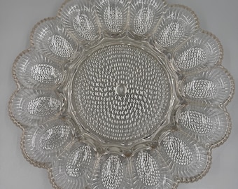 Bandeja para huevos rellenos de cristal vintage Indiana Glass Thousand Eyes, transparente, con relieve de puntos, 15 cavidades.