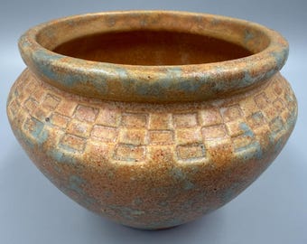 Bol de cerámica artística Burley Winter Pottery, Crooksville, Ohio, esmalte moteado azul verdoso marrón, artes y artesanías.