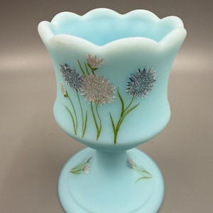 Fenton / Vintage Fenton / Fenton Blue Satin Glass Pedestal Base Toothpick holder / Fenton Artist Signed / Fenton Hand Painted Blue Satin
