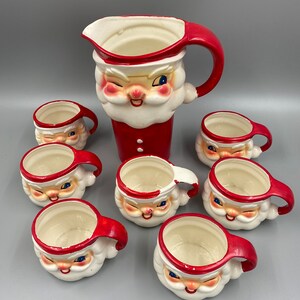Holt Howard / Vintage Holt Howard / Holt Howard Christmas / Holt Howard Christmas Winking Santa Pitcher with 7 mugs / 1964 HH Christmas Set