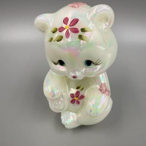 Fenton / Vintage Fenton / Fenton Hand Painted Artist Signed Bear / Fenton White Satin Glass Hand Painted Bear / Fenton UV Glass Satin Bear