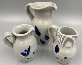 Vintage Williamsburg Pottery Salt Glaze Pitcher Cobalt Blue Stoneware Creamer Williamsburg VA Pottery