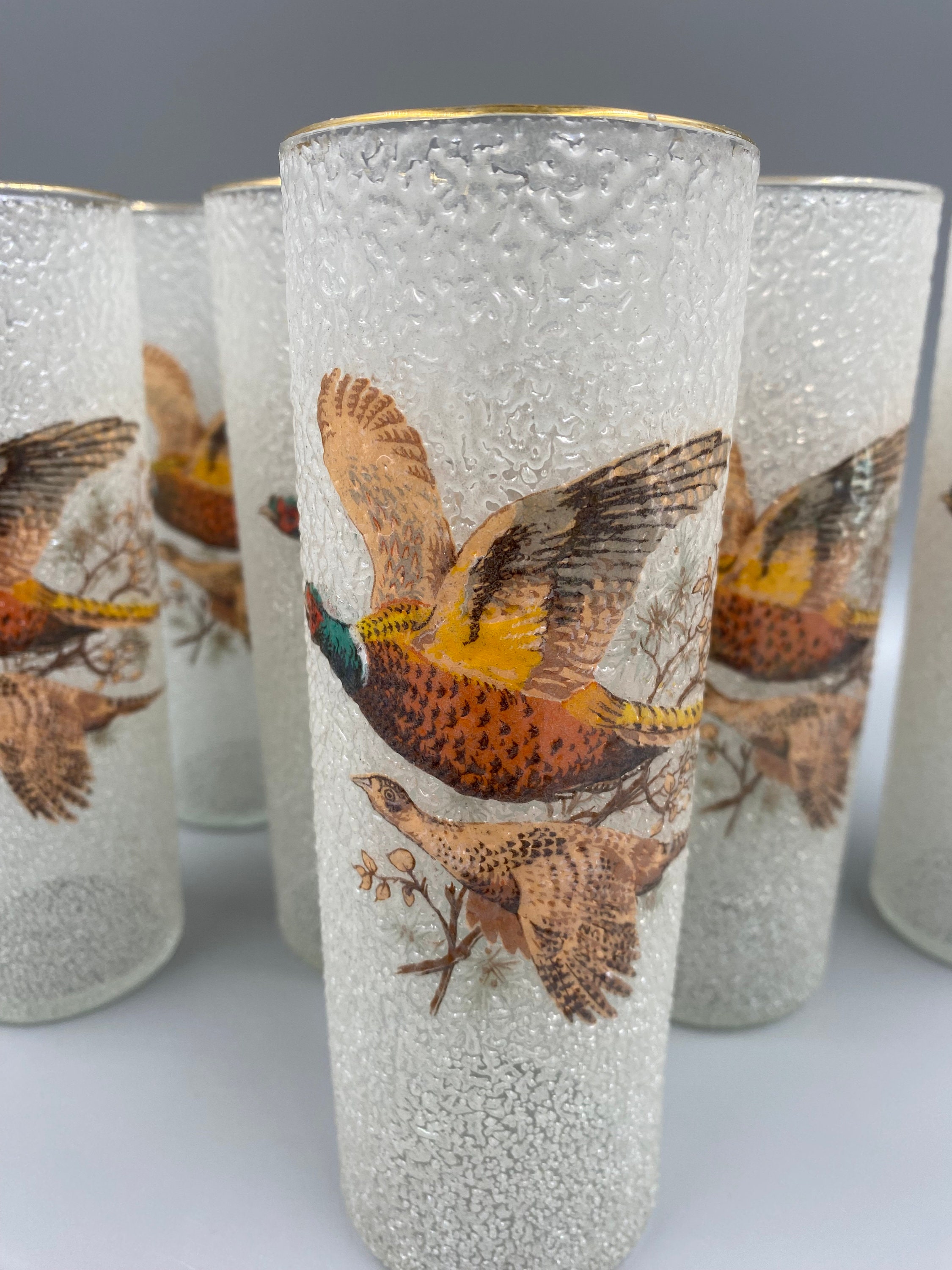 Set of 6 Gold and Red Pheasant Vintage Drinking GLASSES Mid