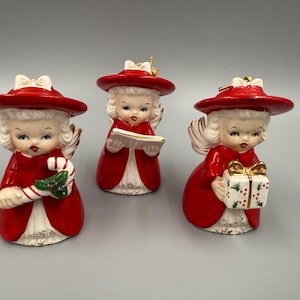 Christmas / Vintage Christmas / 1950s Vintage Christmas Ceramic Angel Set / Fine Quality SR Japan Angel Bell Set of 3 / Japan Christmas Set