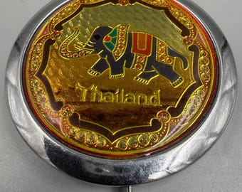 Espejo compacto vintage tailandés con forma de elefante, espejo de bolsillo de doble cara, tono dorado, recuerdo de viaje.