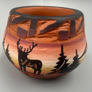 Signed Perfina Rockwell Mesa Verde Pottery Bear Bowl Navajo Hand Carved Southwestern Art Pottery