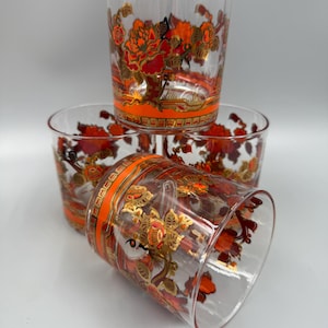 Barware / Vintage Barware / Pisinski - Washington Barware Set of 4 / 22K Gold and Orange Bar Glasses / Pisinski Washington 1960s Bar Glasses