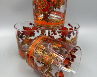 Vintage Pisinski Washington Barware Glasses Set of 4 22K Gold Orange Floral Rocks Glasses MCM Cocktail Glass Set