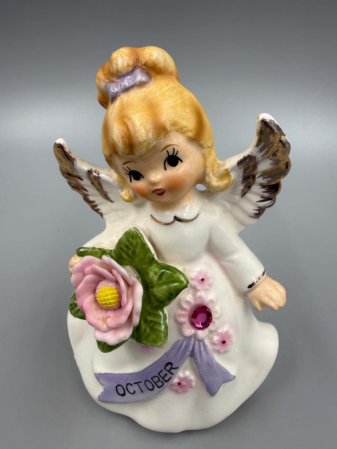 October Angel Vintage October Angel Figurine Lefton Japan Pink Rose Rhinestone ...