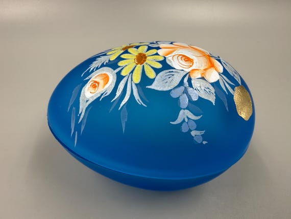 Westmoreland Blue Satin Glass Egg Trinket Box Hand Painted Floral Vintage Vanity Box