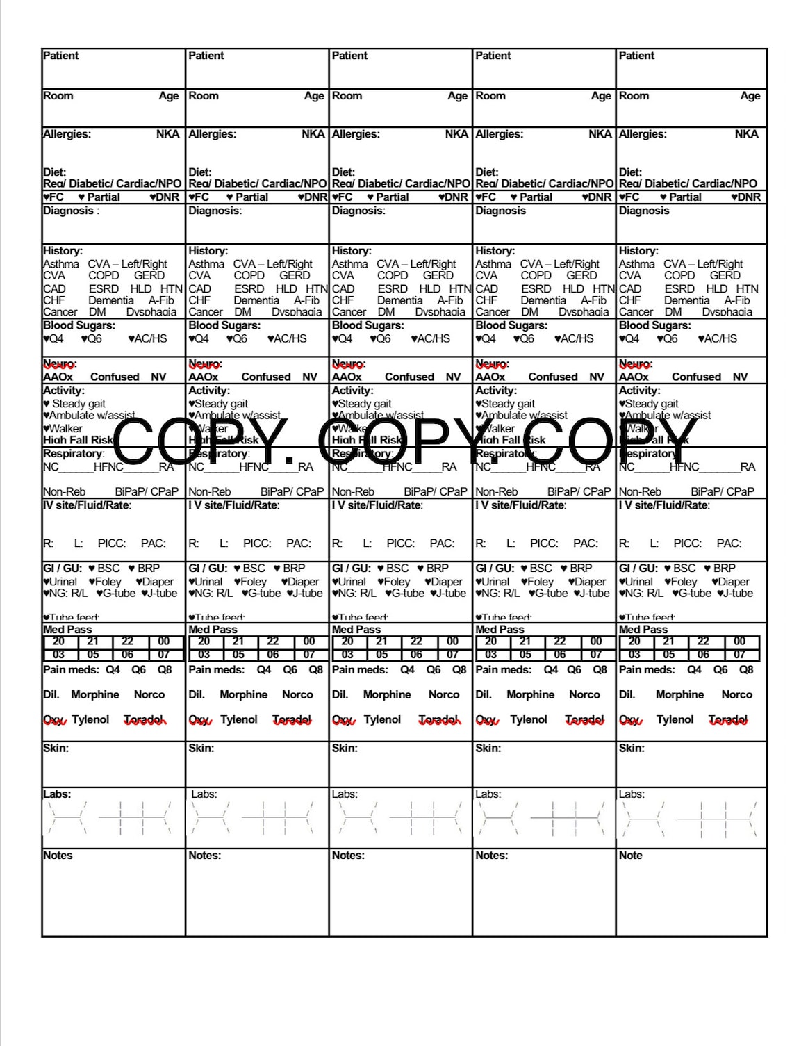 nurse report sheet for 6 patients