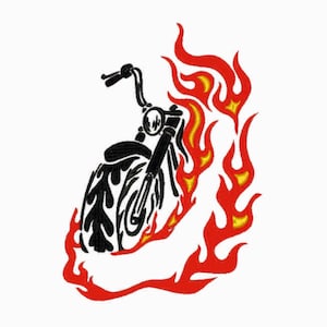 Op de afbeelding: Zwart-witte silhouet van een motorfiets met rode en gele vlammen erachter.