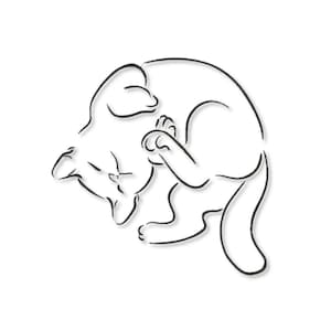 May include: Line drawing of a cat curled up in a ball, with its tail wrapped around its body.