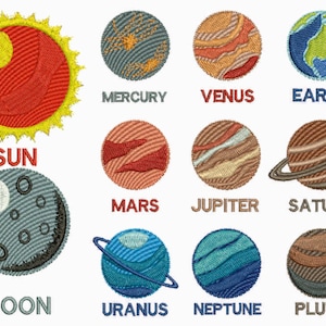 Planeter maskinbroderi sol måne Neptunus Saturnus Venus jorden Mars Pluto Uranus Jupiter broderidesigner för kunder t-shirts flaggor