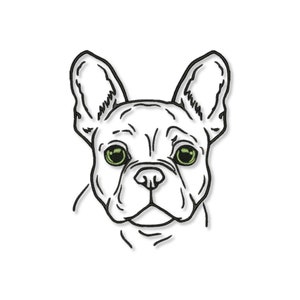 Può includere: Un disegno in bianco e nero di un bulldog francese con occhi verdi. Il cane sta guardando direttamente lo spettatore.