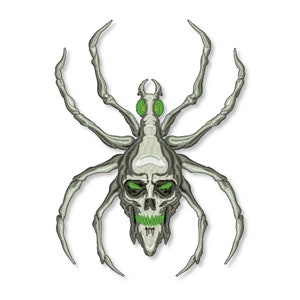 May include: A grey spider with a skull-like head and green eyes. The spider has eight legs and is in a menacing pose.