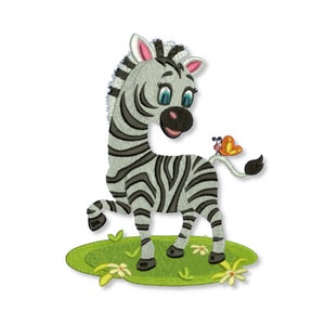 Simpatico disegno da ricamo a macchina raffigurante una zebra in stile cartoon, disegni di zebre allegre, zebra vivace con farfalla, divertente e prezioso per copertina e bavaglini per neonati.