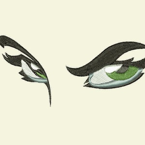 Puede incluir: Un par de ojos estilizados con pestañas negras e iris verdes. Los ojos miran hacia la derecha.