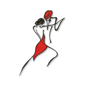 Puede incluir: Un dibujo de línea negra de una pareja bailando, la mujer lleva un vestido rojo. El dibujo es estilizado y simple.