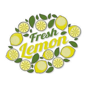 May include: A circle of yellow lemons with green leaves surrounding the text "Fresh Lemon".