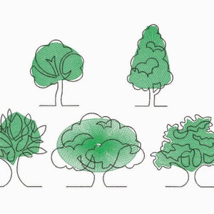 May include: Line art illustration of six different types of trees. The trees are drawn in black lines with green fill. The trees are all different shapes and sizes.