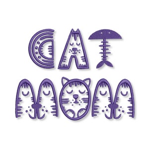 May include: Purple embroidered design with the text "CAT MOM" featuring stylised cats and a fish bone.