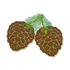 May include: Two brown pine cones with green needles attached. The pine cones are detailed and realistic.