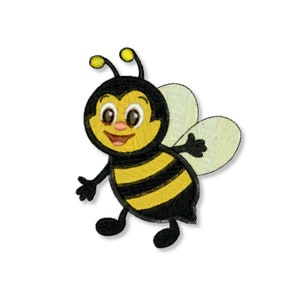 以下が含まれることがあります： 黒と黄色の縞模様の漫画の蜂が、大きな目と黄色の鼻で笑っています。蜂は、小さな黄色の触角と白い羽根のペアを持っています。