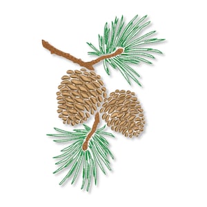 May include: A brown pine cone branch with two pine cones and green pine needles.