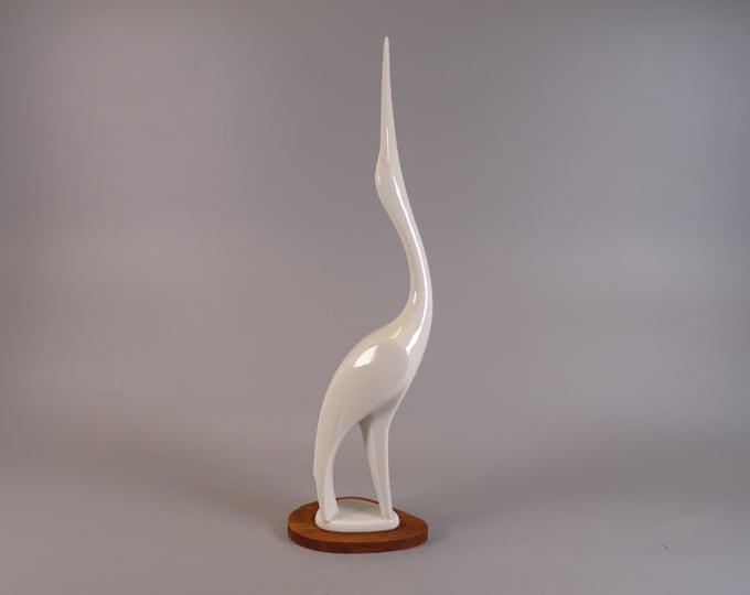 SGRAFO MODERN heron on teak base, porcelain 60s E+E